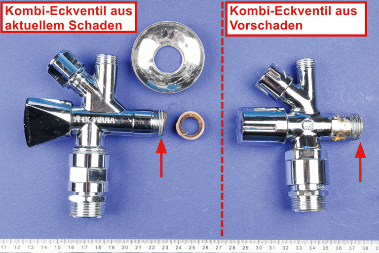 Bild 1 / Beide Eckventile sind im Bereich des Anschlussgewindes rundum abgebrochen.