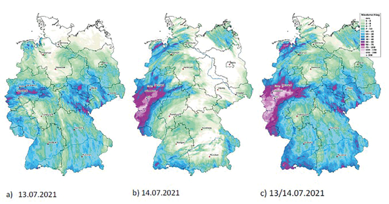 Bild 3 / Tagessummen des Niederschlags von 06 UTC des angegebenen Tages bis 06 UTC des Folgetages sowie die Summe der beiden Tage (Quelle: CEDIM, 2021)