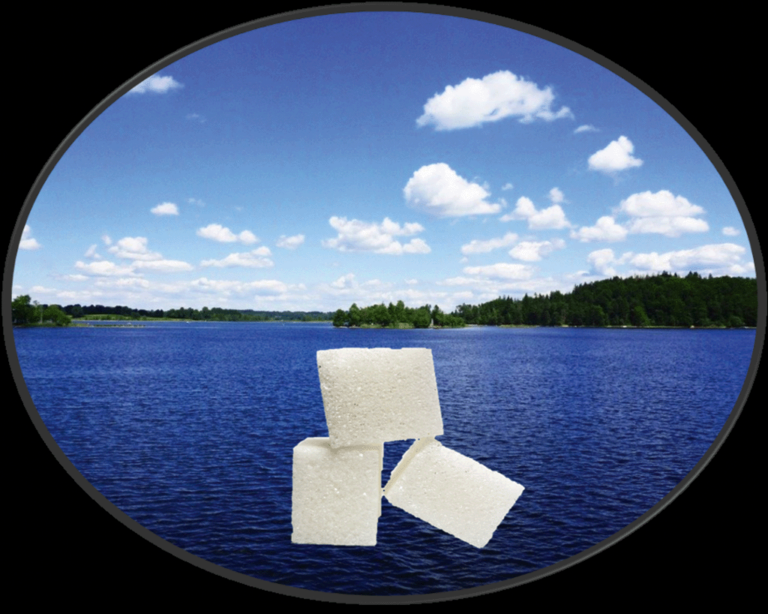 Bild 3 / Illustration der teilweise sehr niedrigen Bestimmungsgrenzen bei Raumluftuntersuchungen (bis zu 0,1 µg/m3) – mit der  gleichen Bestimmungsgrenze würde man im Staffelsee (4,7 x 3,7 km)  den Zuckergehalt von drei hineingeworfenen Zuckerwürfeln sicher bestimmen können.